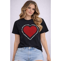 Herkesemoda Amour Love Baskı Detaylı Basic T-shirt Siyah