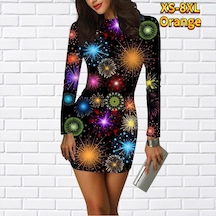 Turuncu Uzun Kollu Bodycon 3d Parlak Yıldız Baskı Elbise Kadın ...