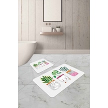 Yeşil Kaktüslü Banyo Halısı Klozet Takımı Paspas Seti Bs242n11