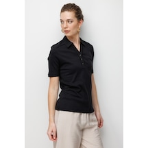 Kadın Polo Yaka İğne İşlemeli Pamuklu Penye T-shirt Siyah Siyah