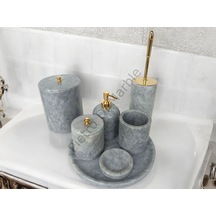 Gri Mermer Klasik Model 7 Parça Gold Renk Düğme Aksesuarlı Banyo Seti Gri