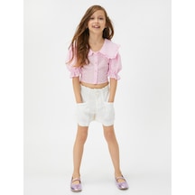 Koton Gömlek Crop Geniş Bebe Yaka Kısa Balon Kollu Pamuklu Pembe 3skg60015aw 3SKG60015AW274 Pembe