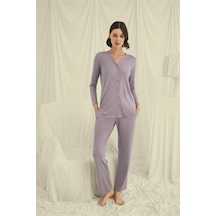 Mega Fair Uzun Kollu Düğmeli V Yaka Pijama Takımı Gri