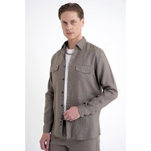 Comfort Fit Yan Cepli %100 Keten Haki Gömlek Ceket G 1602
