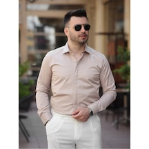 Süper Slim Fit Dar Kalıp Gizli Düğmeli Pamuk Saten Gömlek Krem