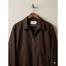 Mero Life Erkek Basic Old Money Fermuarlı Oversize Mevsimlik Polo Yaka Gabardin Kumaş Kahverengi Ceket
