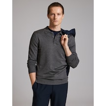 Pierre Cardin Antrasit Melanj Slim Fit Düğmeli Polo Yaka Basic Triko Kazak 50333894-vr081