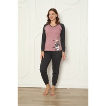 Fawn 04-3024 İnterlok Kumaş Minnoş Kedili Kışlık Ev Kadın Pijama Takımı Koyu Lila