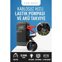 Kablosuz 150 Psı Hızlı Lastik Pompası & Akü Takviye Cihazı 12.000 Mah Powerbank Led Işıklı Lcd Ekran