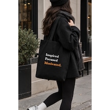 Lunora Collection Inspired Focused Motivated Baskılı Körüklü Kanvas Bez Çanta Siyah