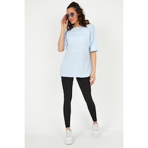 Düz Basic T-shirt - Buz Mavi Oversize Bisiklet Yaka Kısa Kol Tişört Mavi
