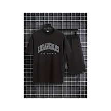 Medinenur Losangels Baskılı T-shirt Short Bol Paça Rahat Kalıp Siyah Alt Siyah Üst Short Takım Siyah