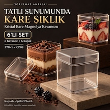 Kristal Kare Magnolya Kavanozu 270 Cc Kapaklı 6 Lı Cp08 Şeffaf Plastik Tatlı Ve Puding Sunum Kabı