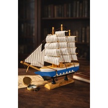Dekoratif Premium Ahşap El Yapımı Yelkenli Gemi Maketi Ev Ofis Masa Üstü Biblo 24 X 24 Cm Mavi 529-c 24 Cm