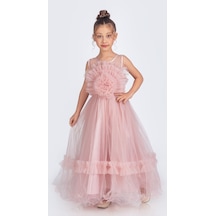 Mnk Baby & Kids Uzun Etekli , Askılı Kız Cocuk Gül Motif Abiye Elbise M00670 Pudra