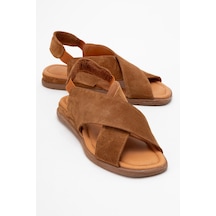 Luvishoes 706 Hakiki Deri Taba Suet Kadın Sandalet Taba