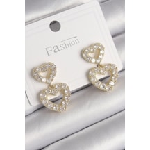 Pirinç Gold Renk Zirkon Taşlı Sallantı Kalp Model Kadın Küpe Çok Renkli