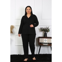 Akbeniz Kadın Büyük Beden Pamuklu Cepli Düğmeli Siyah Pijama Takım 202401-siyah
