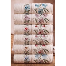 6'lı Çiçek Nakışlı El & Yüz Havlu Seti 50x90cm %100 Pamuk Emici, Yumuşak, Çeyizlik Lüks Havlu Krem