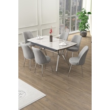 Canisa Poy Serisi 89x150 Açılabilir Lak Panel Beyaz Mermer Desen Masa Takımı 6 Gri Sandalye Beyaz Mermer Desen Masa Sandalyeler Gri
