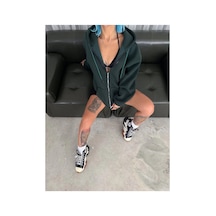 Kadın 3 İplik Pamuklu Kapüşonlu Kanguru Cepli Baskılı Oversize Hoodie Sweatshirt - Haki