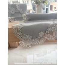 Firuze Model Gri 5 Parça Keten Dantelli Runner Seti Çeyizlik Salon Takımı Çok Renkli