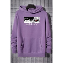 Uyguntarz Unisex Ken Kaneki Baskılı Kapüşonlu Sweatshirt Lila