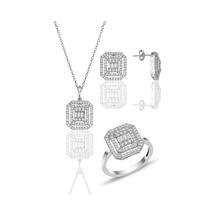 Gümüş Rodyumlu Pırlanta Montürlü Taşlı Baget Üçlü Set Barcode Beyaz