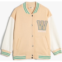 Koton Oversize Bomber Kolej Ceket Aplike Detaylı Yuvarlak Yaka Bej 4skg10267ak 4SKG10267AK057