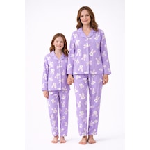 Free Beka Lila Çizgili Ve Tavşan Desenli Uzun Kollu Önden Düğmeli Gömlek Yaka Anne Kız Pijama Takımı Kombin Lacivert