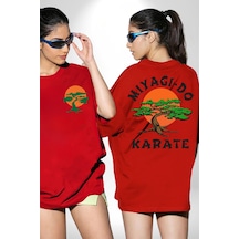 Miyagi-do Karete Çocuk Logo Dizi Bonzai Ağaç Kırmızı Oversize Unisex Ön Ve Sırt Baskılı Tişört Kırmızı