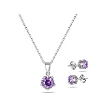 Brezza Lusso Jewelry Gümüş Ametist Taşlı Taç Model Kadın Kolye Küpe Seti Gümüş Set