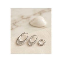 Gümüş Renk Oval Halka Model Zirkon Taşlı 3 Lü Küpe Set Tj-bkp11975 Evimdeyokyok