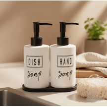 Beyaz Siyah Yazılı Cam Sıvı Sabunluk İkili Standlı Hand&dish Yazılı Beyaz