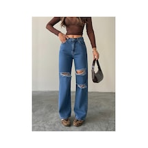 Blue Marlın Çift Diz Lazer Yırtık Boyfriend Bol Paça Jeans Mavi