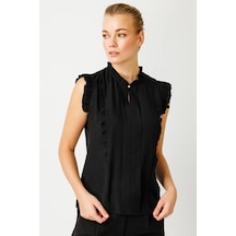 Ekol Yuvarlak Yaka Fırfırlı Kolsuz Siyah Kadın Bluz 24ekl01008