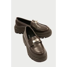 Kadın Deri Loafer Kalın Comfort Tabanlı Metal Tokalı Kahve Vareen Kahverengi