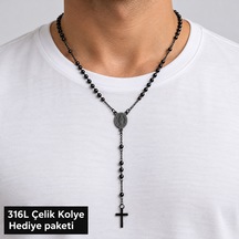 56 Cm Siyah Boncuk Zincirli Erkek Kolye Madalyon Detaylı Uzun Sarkıt Kolye Altın - Gümüş