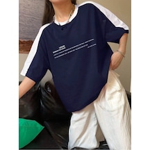 Leisure Future Parçalı Süprem T-shirt - Lacivert Beyaz Oversize Bisiklet Yaka Kısa Kol Tişört Lacivert-beyaz