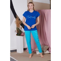 Kadın Kısa Kollu Yazı Baskılı Saks Pijama Takımı K-20144 Saks Kadın Kısa Kollu Yazı Baskılı Saks Pijama Takımı K-20144 Saks