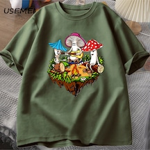 Flood Of Style Hippi Sihirli Mantar Tshirt Komik Grafik T Shirt Streetwear 90s Erkek T-shirt Adam Hippi Pamu Yeşil