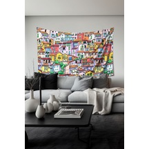 Renkli Evler Desenli Duvar Halısı Duvar Örtüsü Tapestry Süet Dokulu Kumaş
