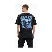 Barlashive Erkek Asit Yıkamalı Oversize Tişört Bisiklet Yaka Kısa Kol T-shirt - Siyah Çok Renkli