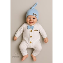 Babyden's Mini Boss Erkek Bebek Tulum Ve Şapka Seti Yenidoğan Papyonlu Bebek Tulumu %100 Pamuk Mavi