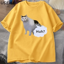 Flood Of Style Huh Kedi Komik Meme T Shirt Erkek Kadın Absurd Weirdcore T-shirt Rahat Yuvarlak Boyun Pamuk K Sarı