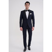 Slim Fit Fleto Cep Çıkarılabilir Saten Yaka Düz Lacivert Damatlık Smokin Takım Altro 032 Lacivert