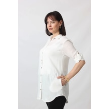Moda Berray Bb-092 Beyaz Gümüş Yaldızlı Güneş Desenli Kolu Apoletli Yandan Cepli Tunik Gömlek Kadın Büyük Beden Beyaz