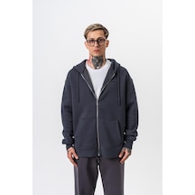 Erkek Respire Yazı Detaylı Kapüşonlu Basic Zip Oversize Hoodie Füme