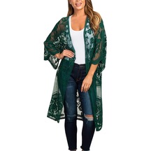 Yucama Kadın Dantel Hırka See Through Elbise Boho Uzun Kimono Plaj Mayo - B Koyu Yeşil