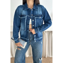 Femelle Kadın Mavi Saçaklı Dikiş Detaylı Oversize Denim Kot Ceket